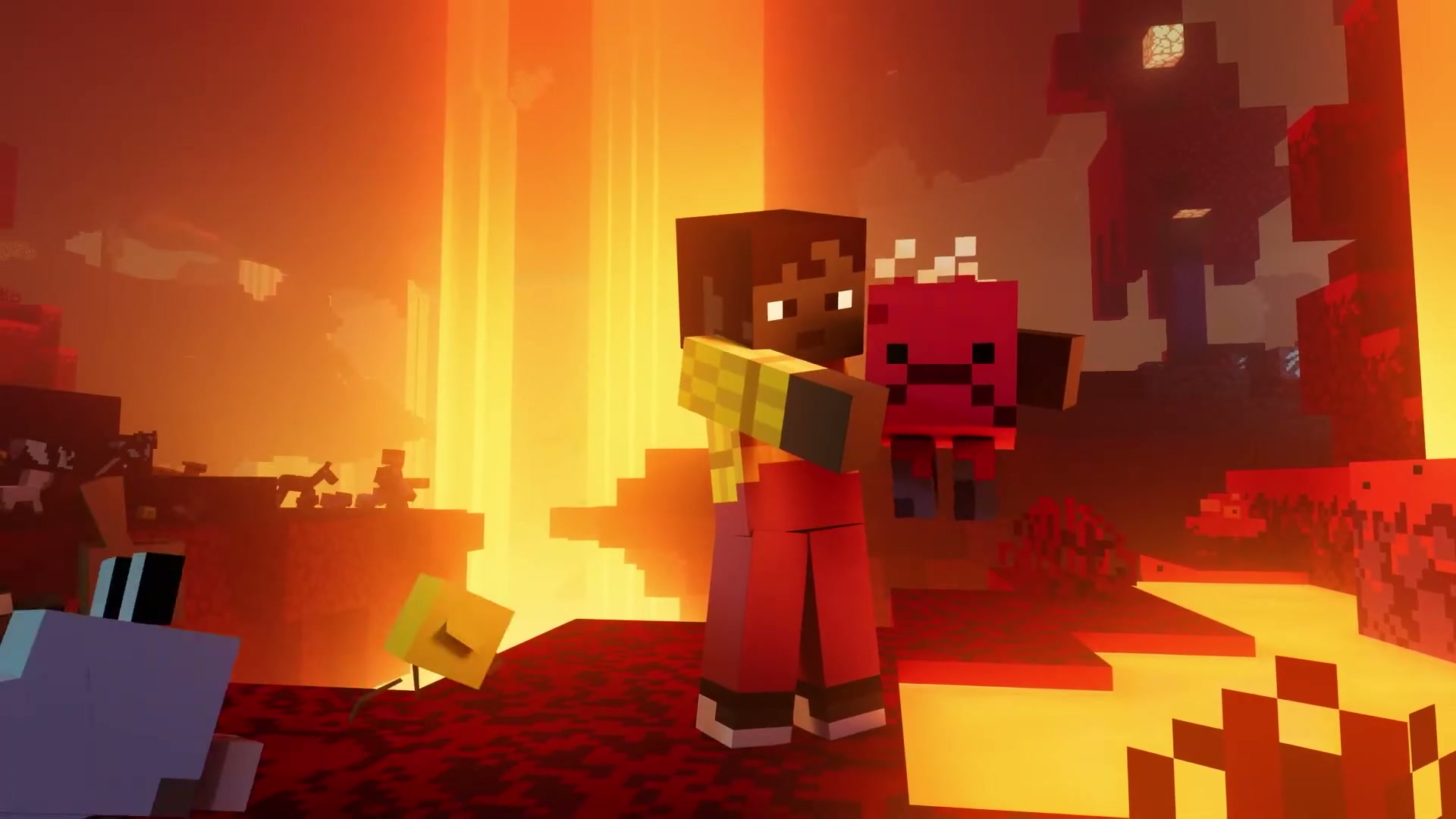 Minecraft Dungeons II - scena w Netherze z lawą i mooshroom